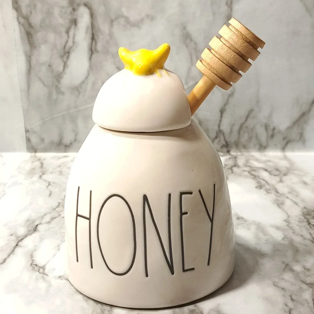 Rae Dunn Ceramic HONEY‎ Pot/ Jar With Wooden Honey Dipper  & Yellow Bee Lid